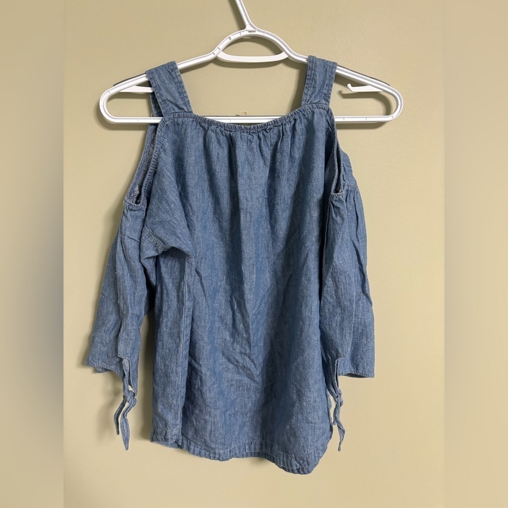 Madewell Size XXS Blue Indigo Cold Shoulder Top Tie Sleeves Linen Cotton Blend